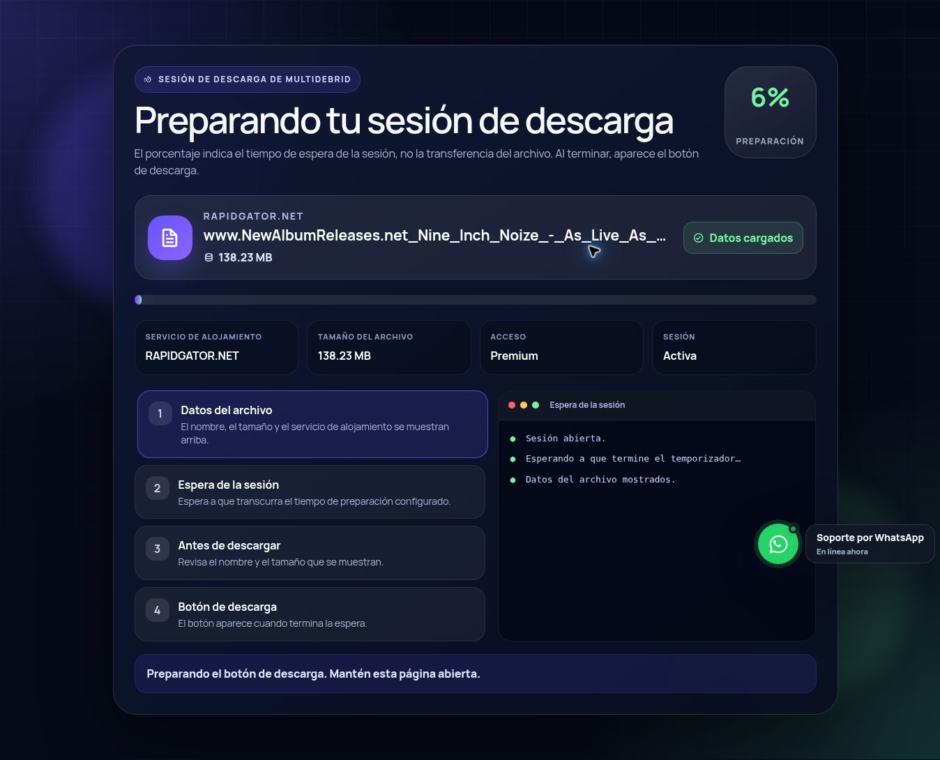 Pantalla real de la sesión de descarga de Rapidgator.net. Ábrela para ampliar.