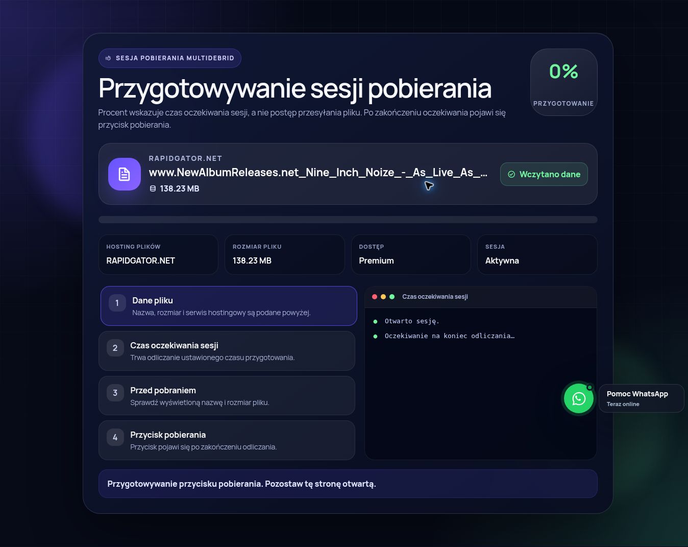 Prawdziwa sesja pobierania Rapidgator.net. Otwórz, aby powiększyć.