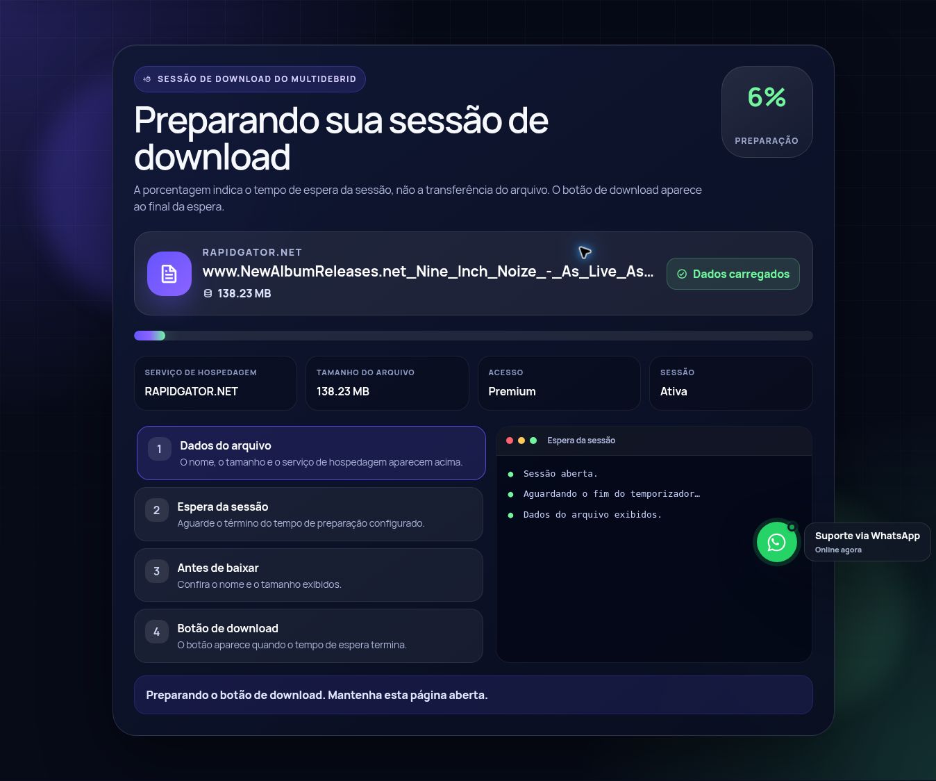 Tela real da sessão de download do Rapidgator.net. Abra para ampliar.