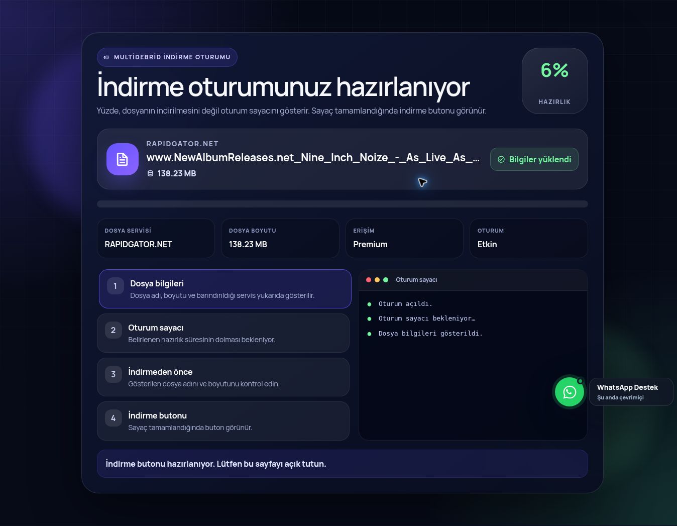 Gerçek Rapidgator.net indirme oturumu ekranı. Büyütmek için aç.