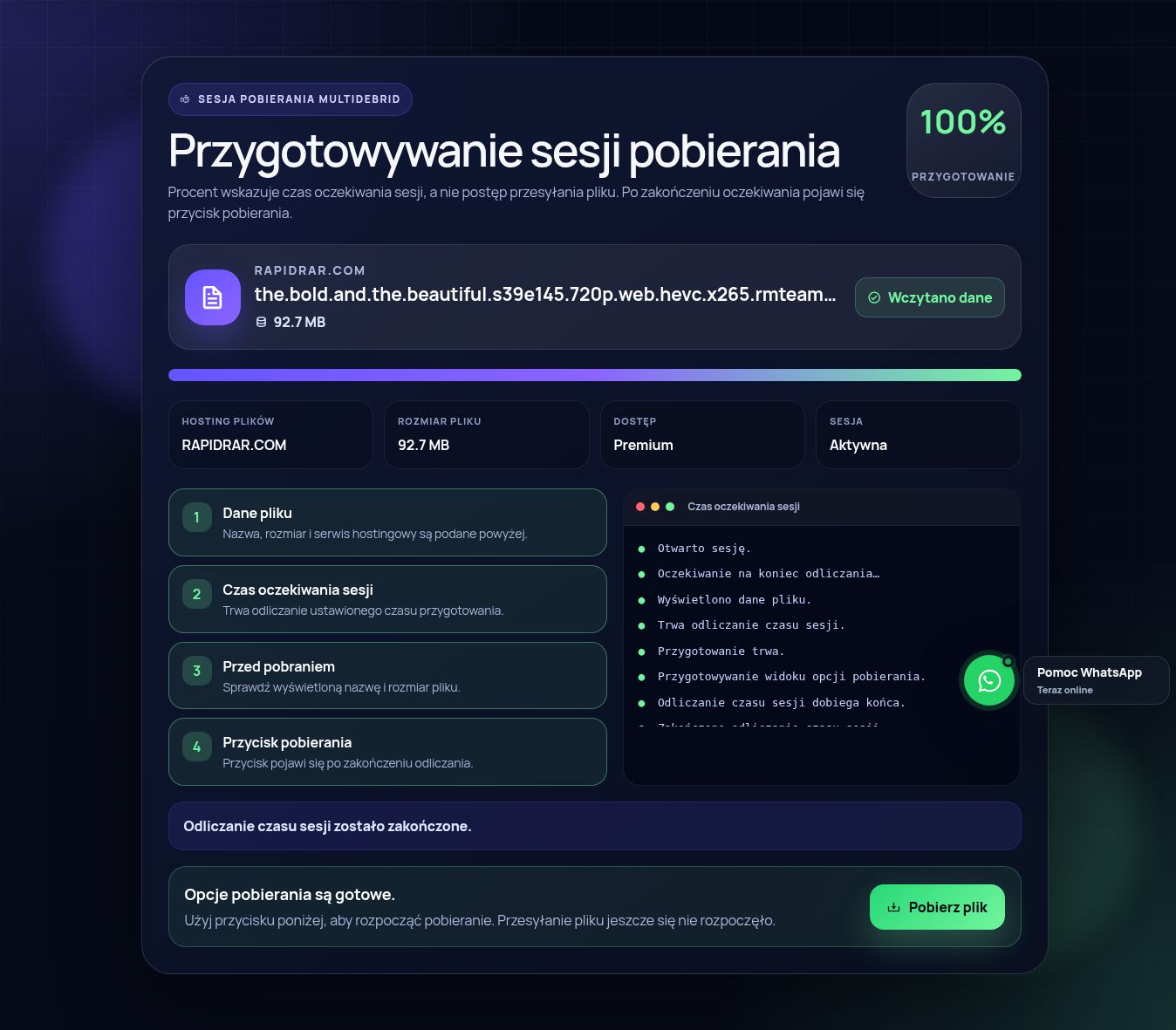 Prawdziwa sesja pobierania Rapidrar.com. Otwórz, aby powiększyć.