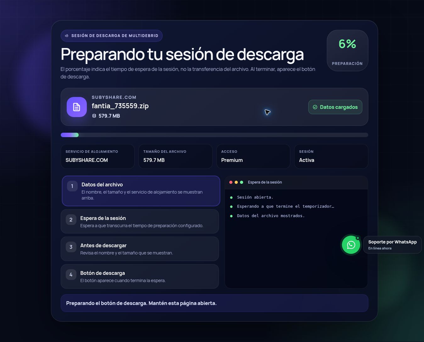 Pantalla real de la sesión de descarga de Subyshare.com. Ábrela para ampliar.
