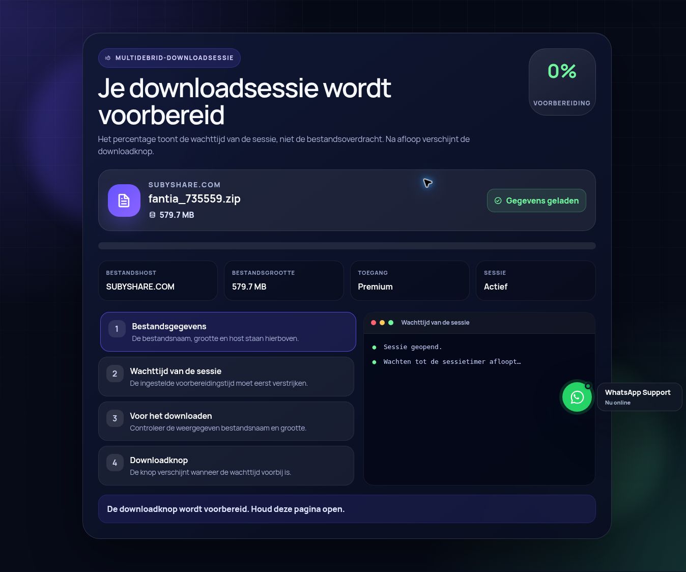 Echte Subyshare.com-downloadsessie. Open om te vergroten.