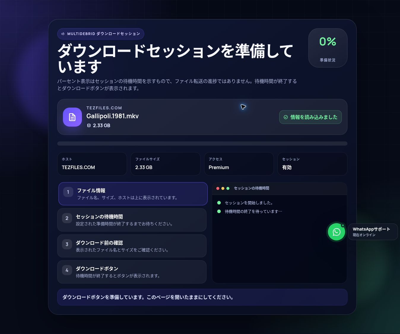実際のTezfiles.comダウンロードセッション画面。開くと拡大できます。