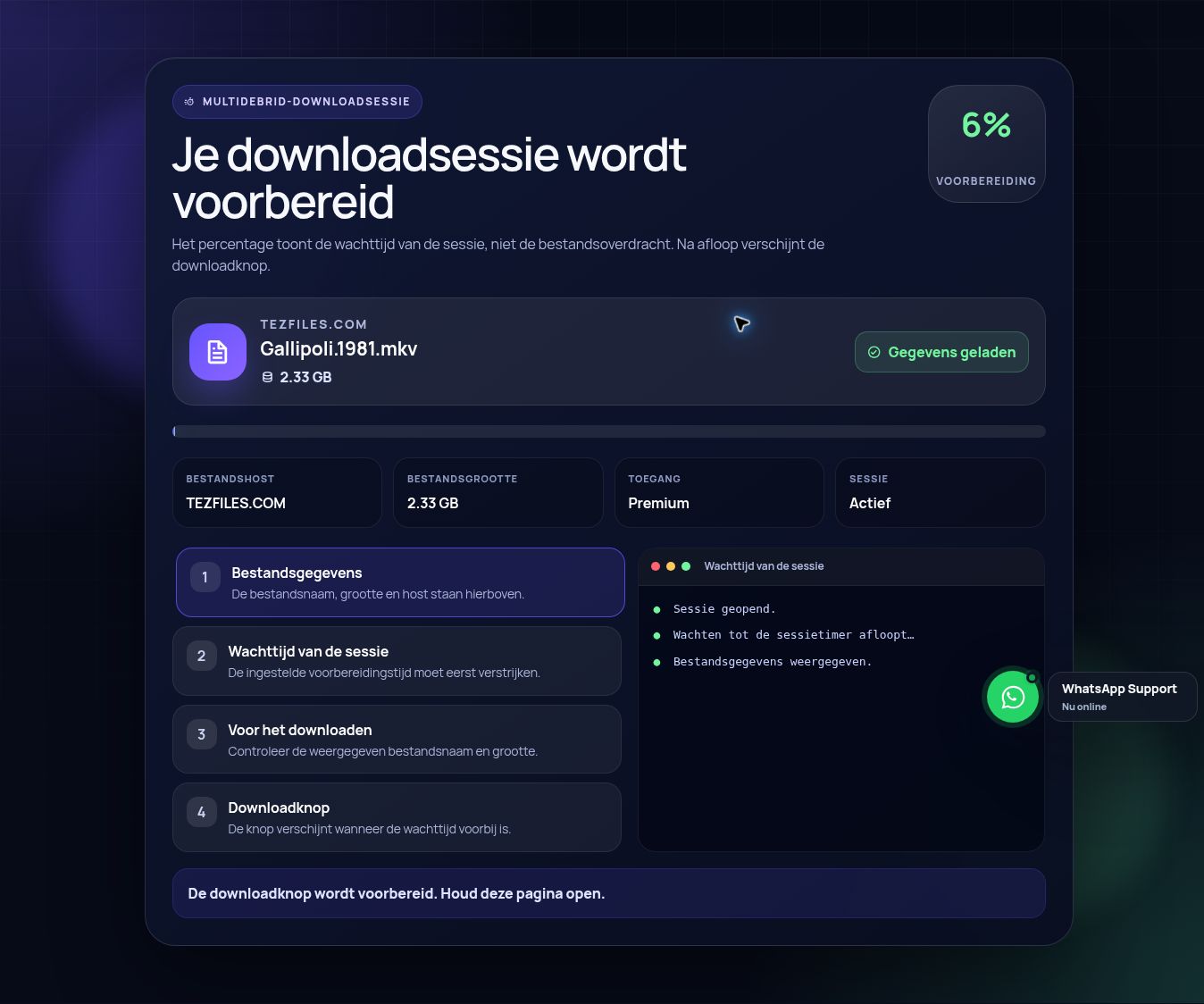 Echte Tezfiles.com-downloadsessie. Open om te vergroten.