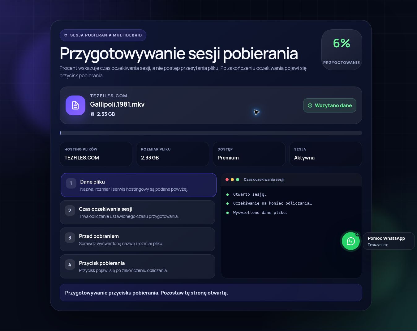 Prawdziwa sesja pobierania Tezfiles.com. Otwórz, aby powiększyć.