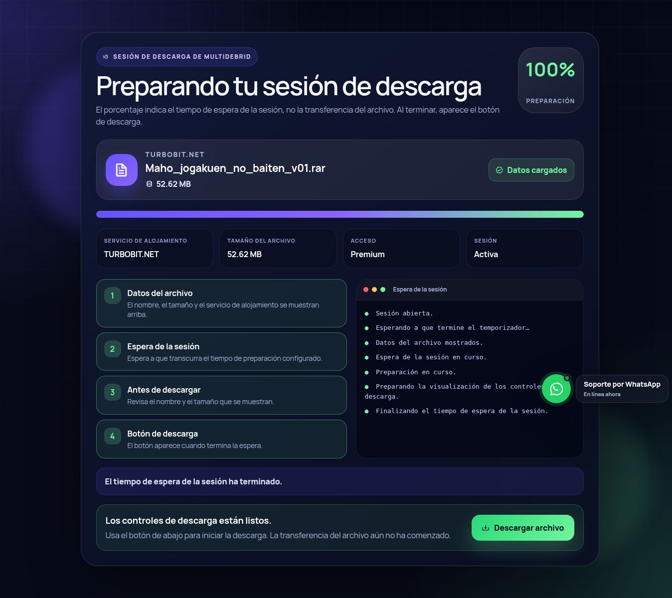 Pantalla real de la sesión de descarga de Turbobit.net. Ábrela para ampliar.