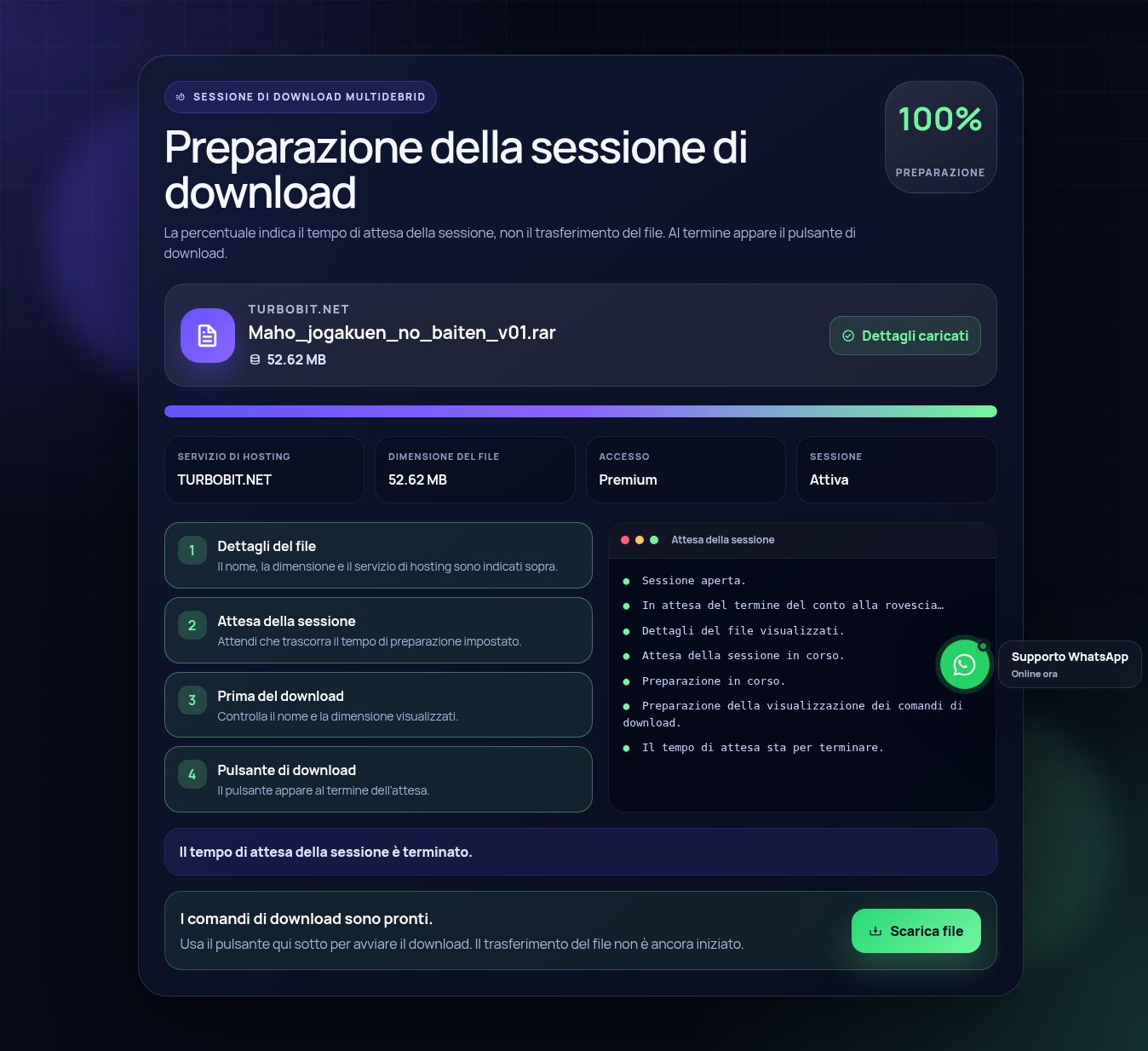 Schermata reale della sessione di download Turbobit.net. Apri per ingrandire.