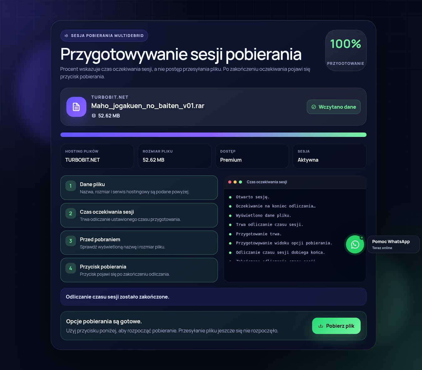 Prawdziwa sesja pobierania Turbobit.net. Otwórz, aby powiększyć.