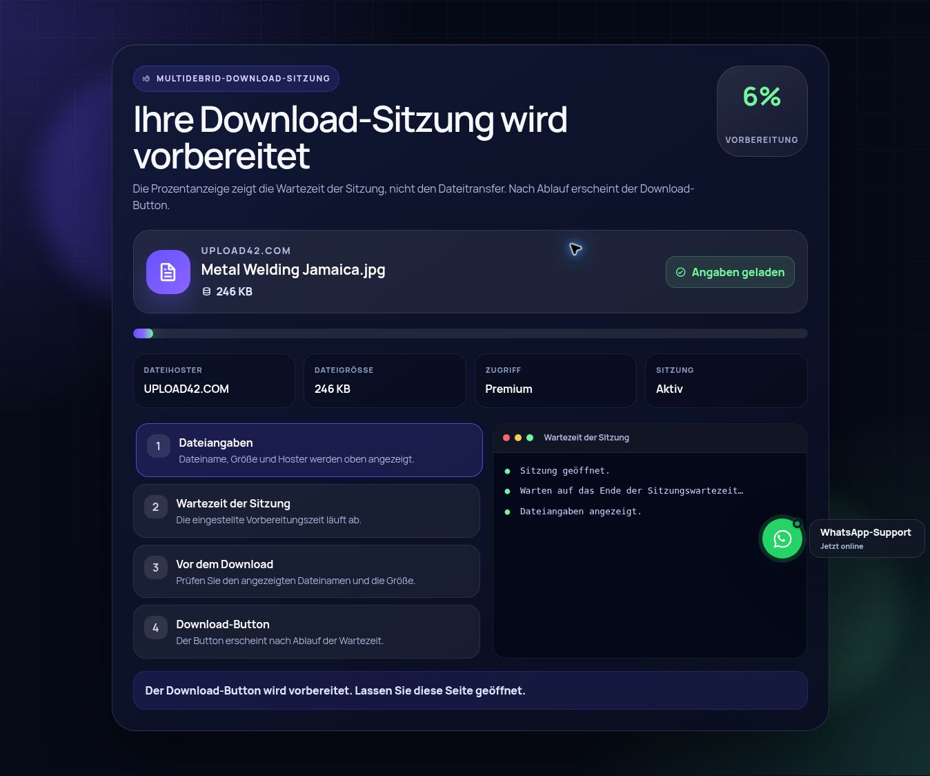 Echte Upload42.com-Download-Sitzung. Zum Vergrößern öffnen.