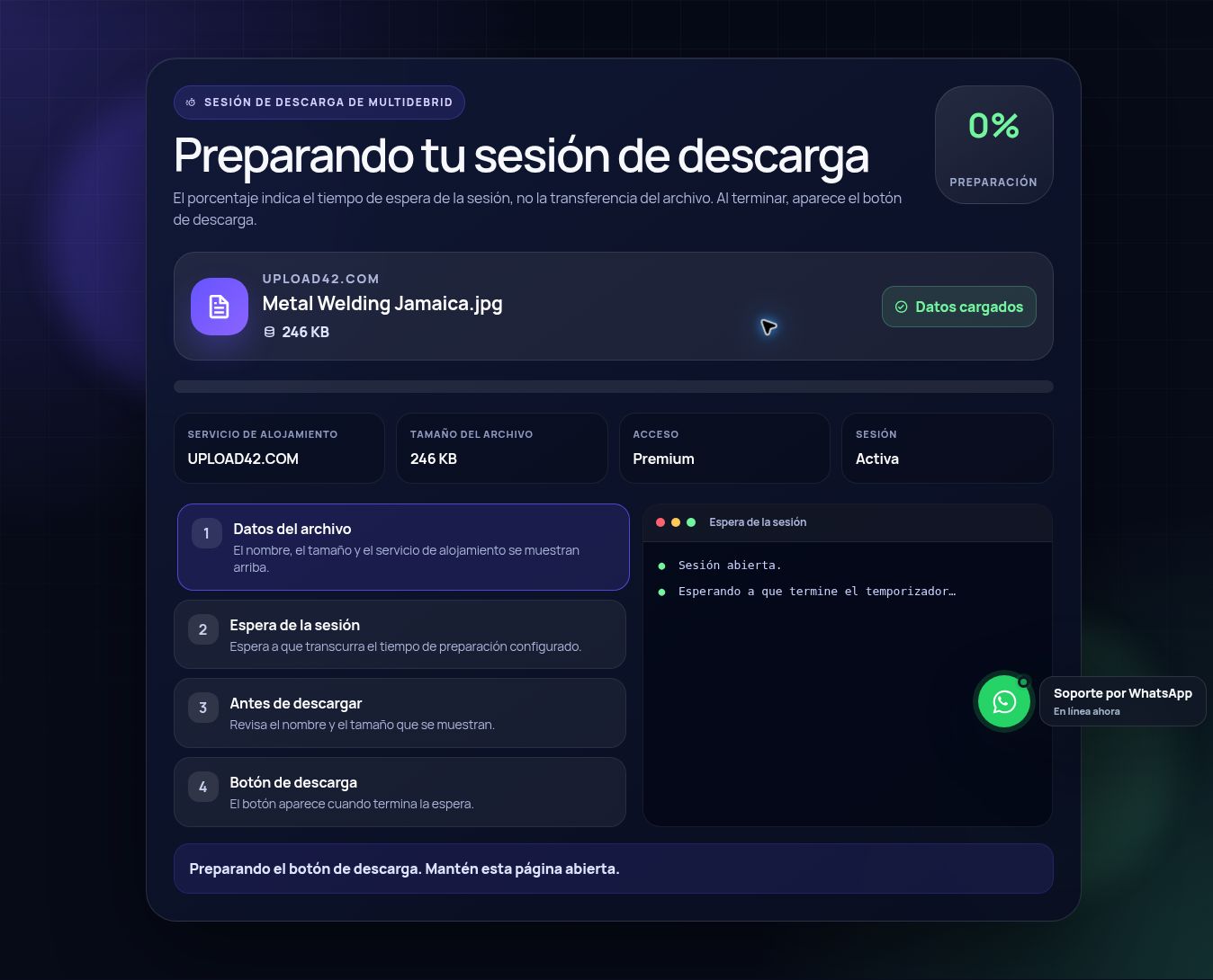 Pantalla real de la sesión de descarga de Upload42.com. Ábrela para ampliar.