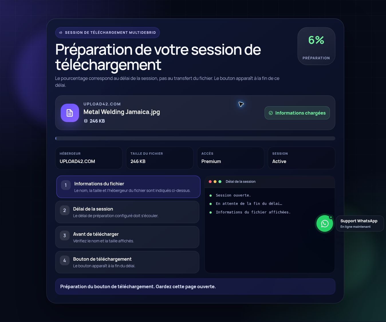 Session de téléchargement réelle pour Upload42.com. Ouvrez pour agrandir.