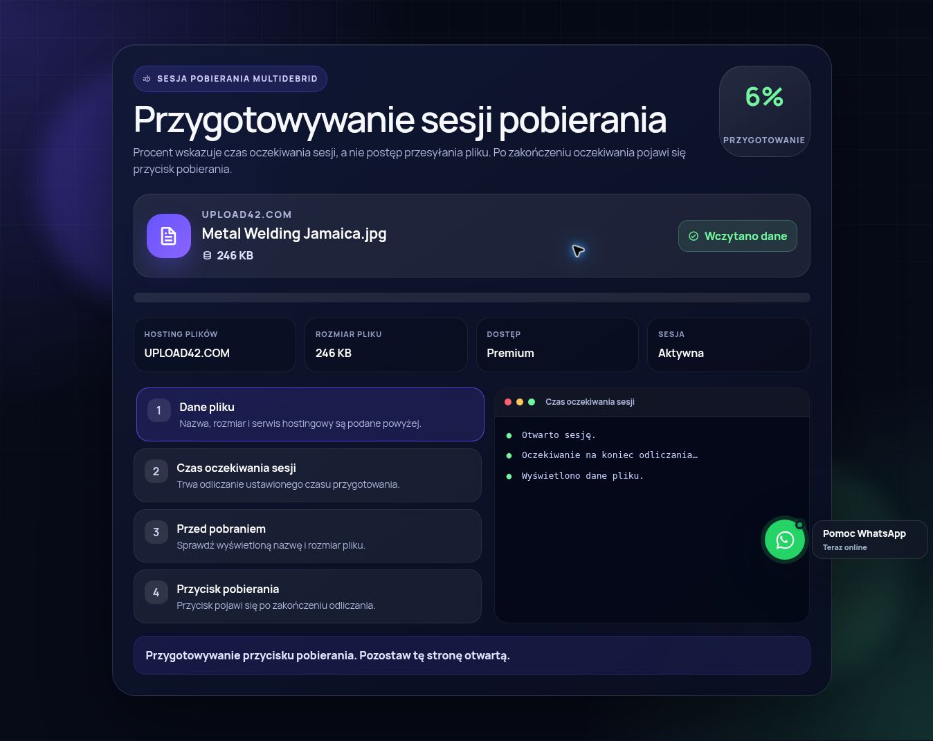 Prawdziwa sesja pobierania Upload42.com. Otwórz, aby powiększyć.