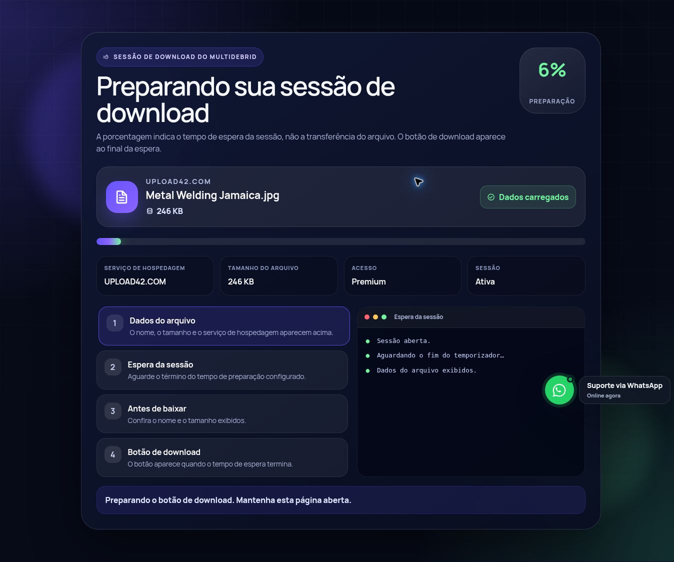 Tela real da sessão de download do Upload42.com. Abra para ampliar.