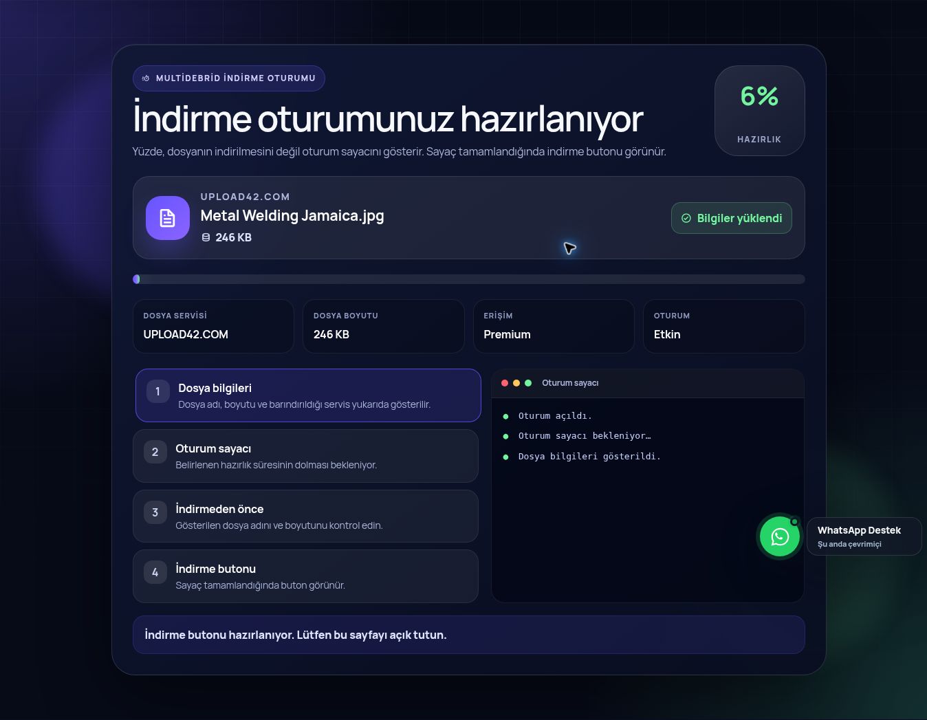Gerçek Upload42.com indirme oturumu ekranı. Büyütmek için aç.