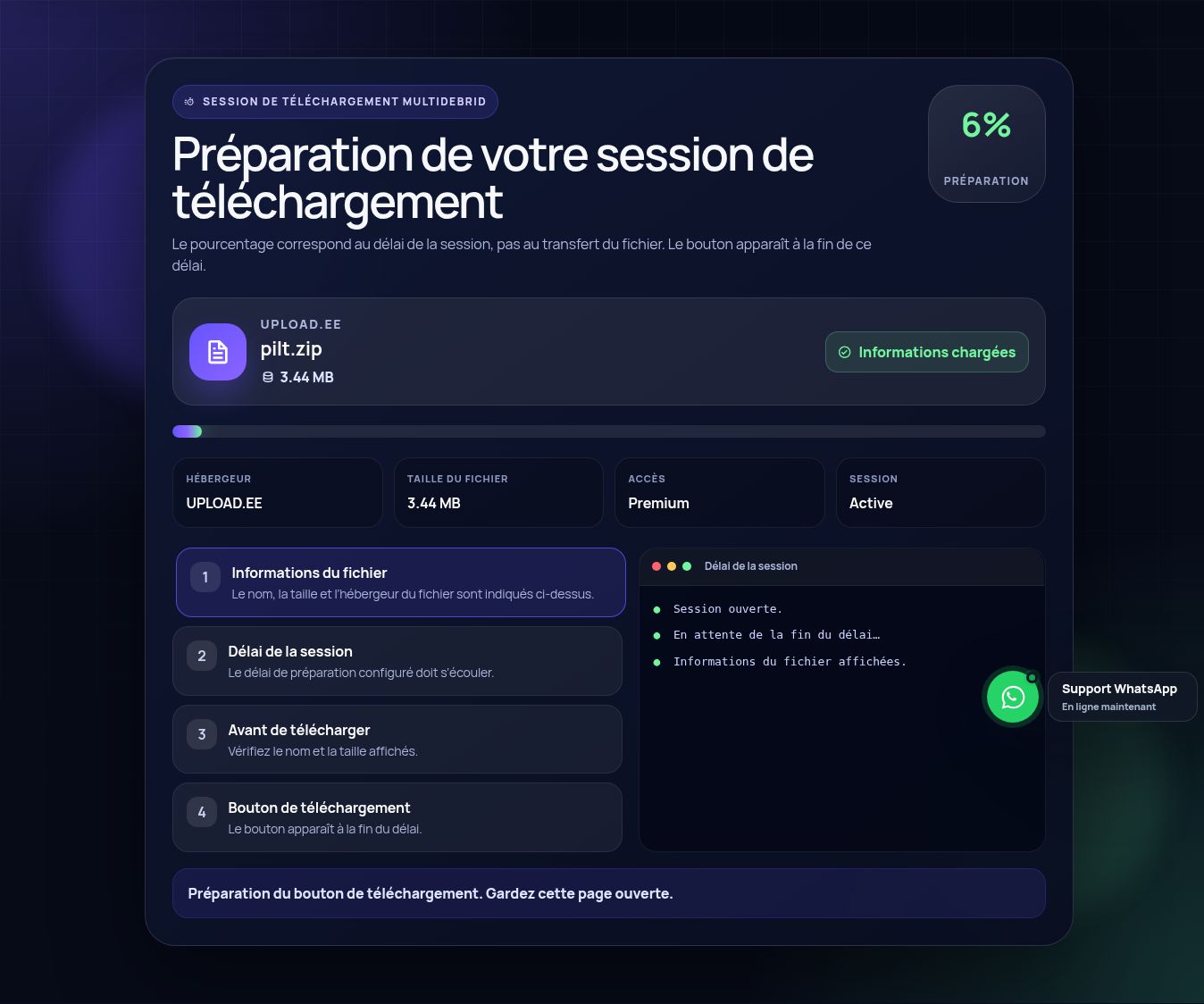Session de téléchargement réelle pour Upload.ee. Ouvrez pour agrandir.