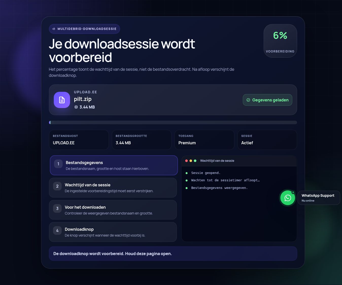 Echte Upload.ee-downloadsessie. Open om te vergroten.