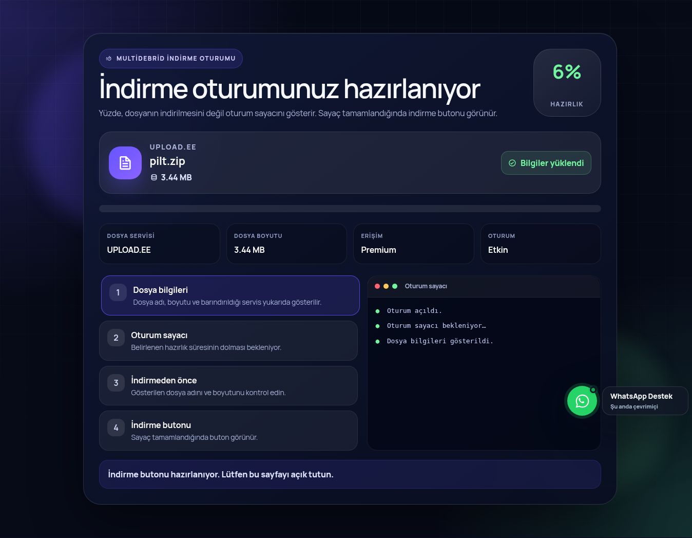 Gerçek Upload.ee indirme oturumu ekranı. Büyütmek için aç.