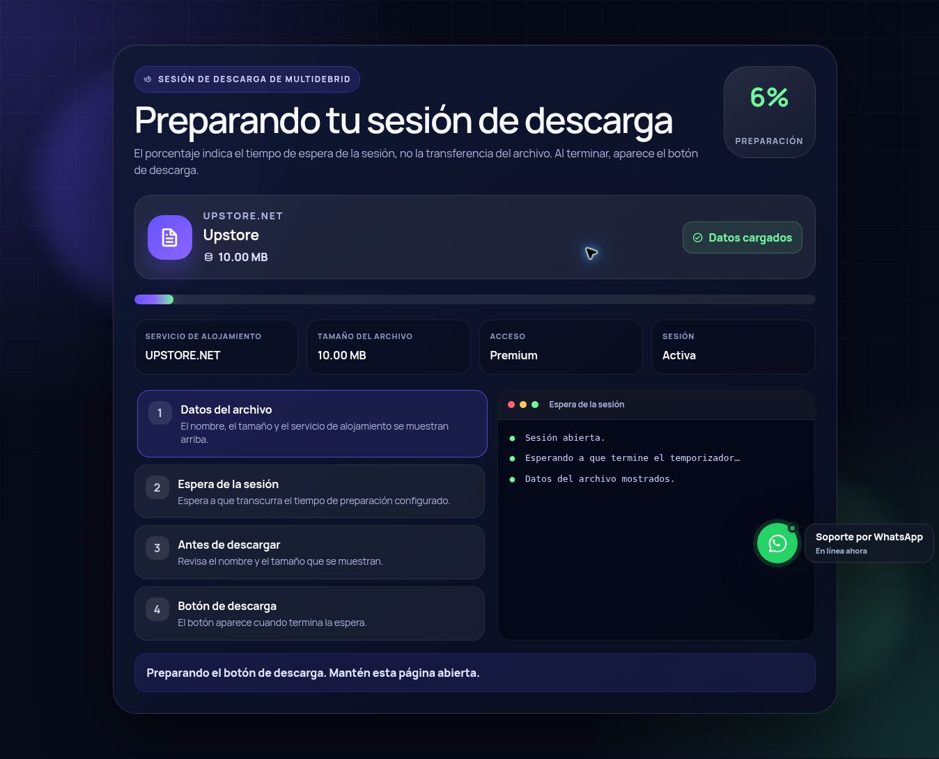 Pantalla real de la sesión de descarga de Upstore.net. Ábrela para ampliar.