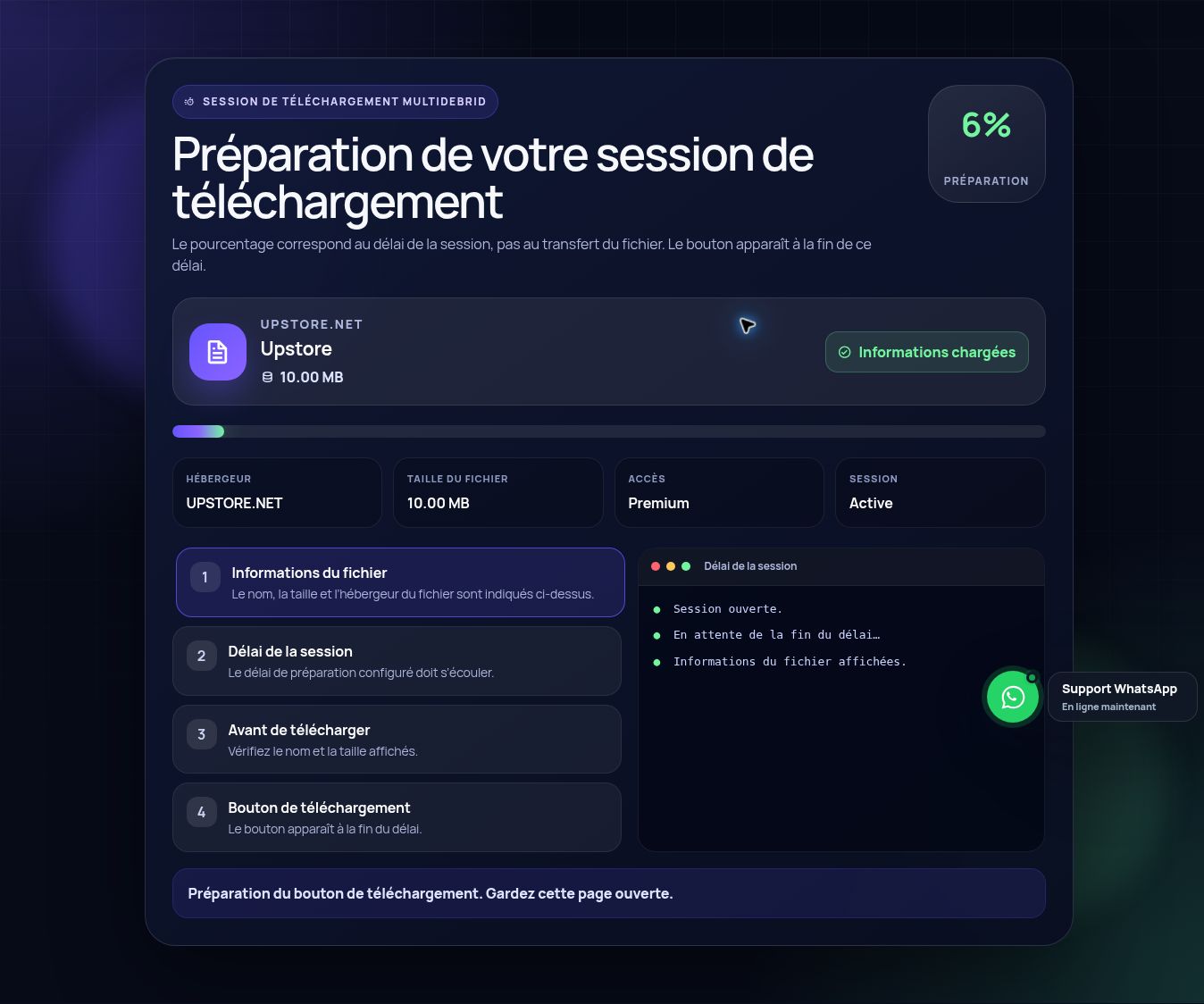 Session de téléchargement réelle pour Upstore.net. Ouvrez pour agrandir.