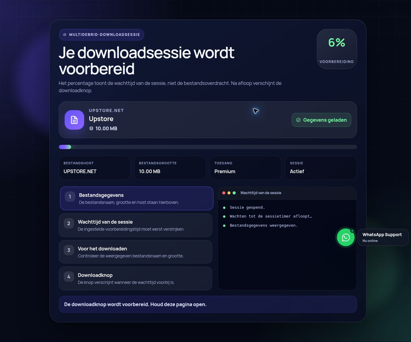 Echte Upstore.net-downloadsessie. Open om te vergroten.