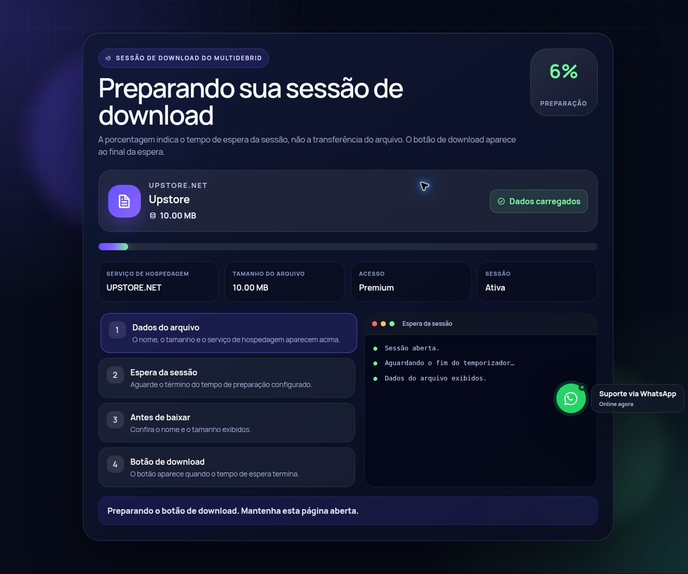 Tela real da sessão de download do Upstore.net. Abra para ampliar.