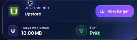 Résultat réel pour Upstore.net : nom, taille et action suivante. Ouvrez pour agrandir.