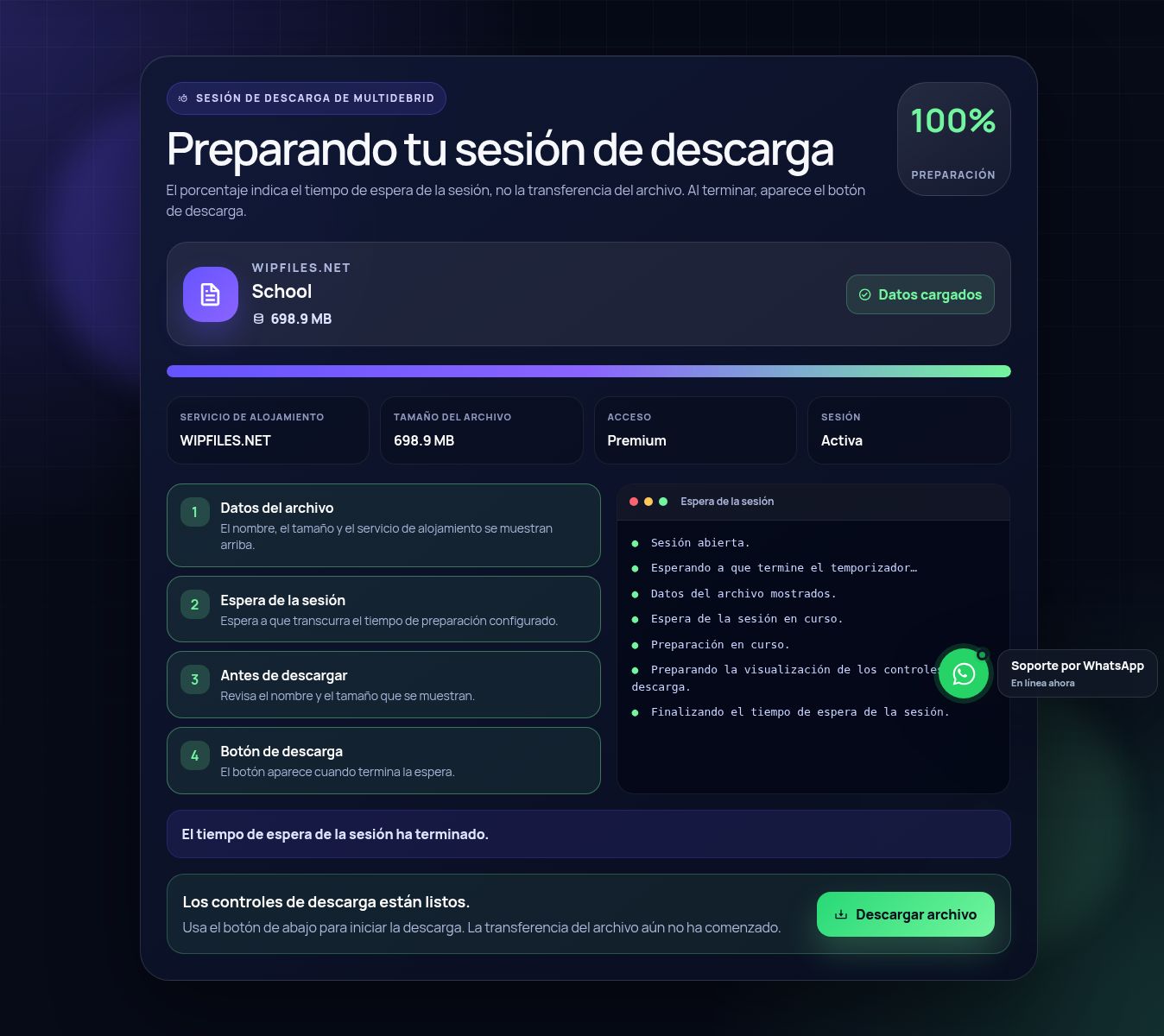 Pantalla real de la sesión de descarga de WipFiles.net. Ábrela para ampliar.