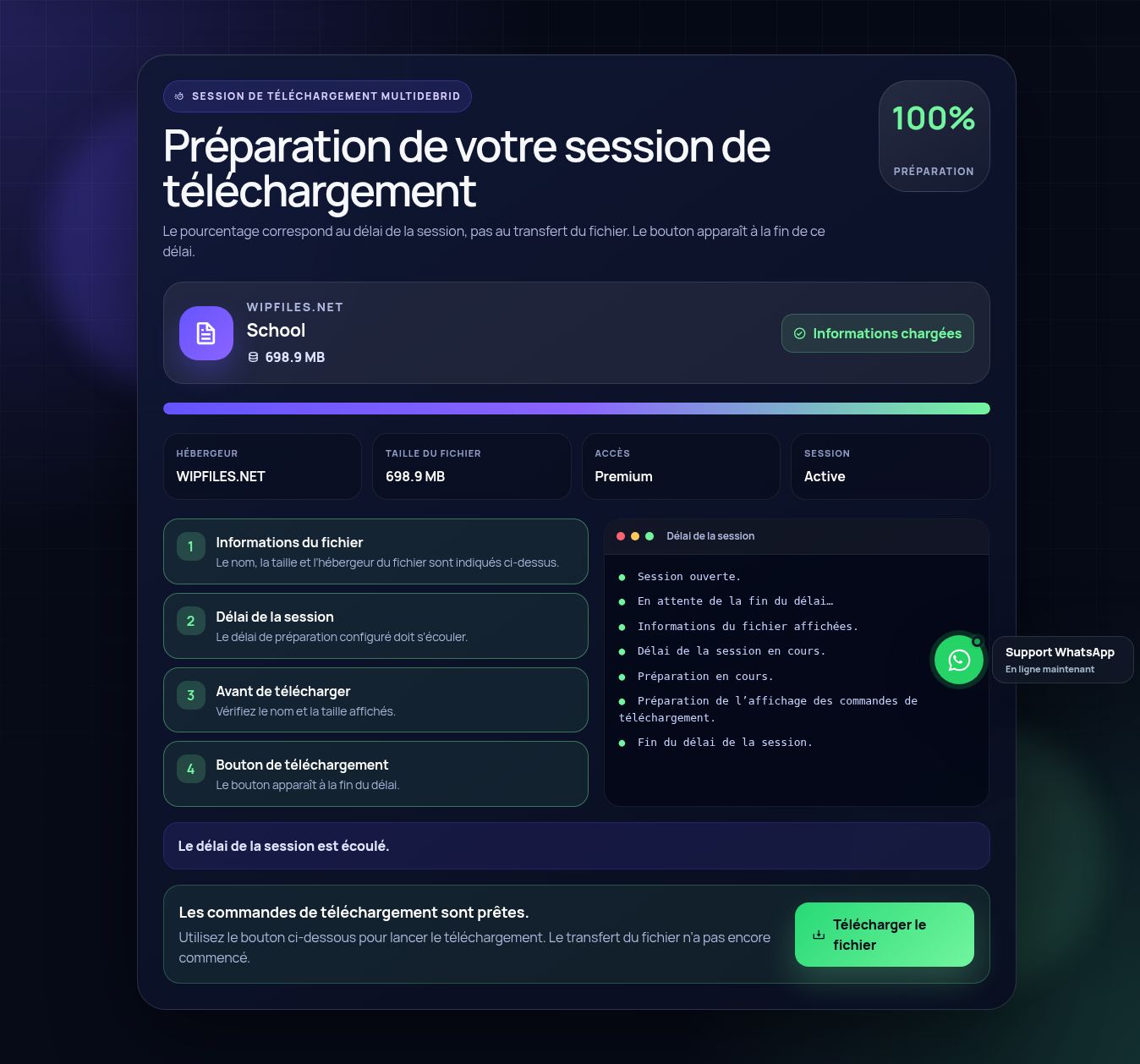 Session de téléchargement réelle pour WipFiles.net. Ouvrez pour agrandir.
