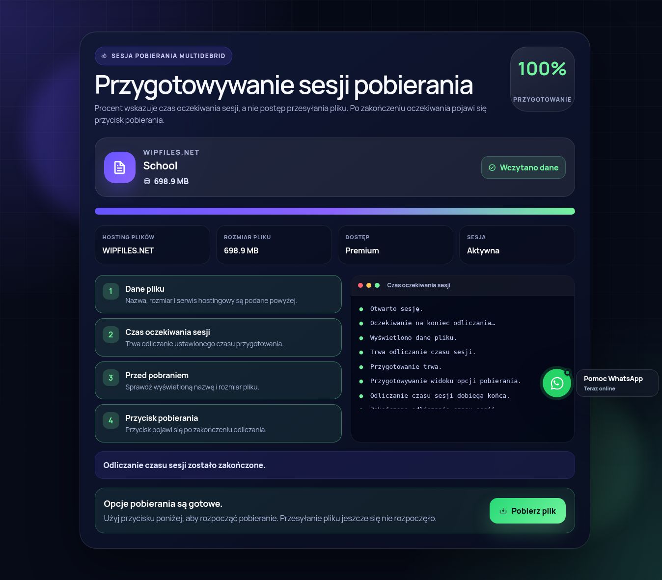 Prawdziwa sesja pobierania WipFiles.net. Otwórz, aby powiększyć.