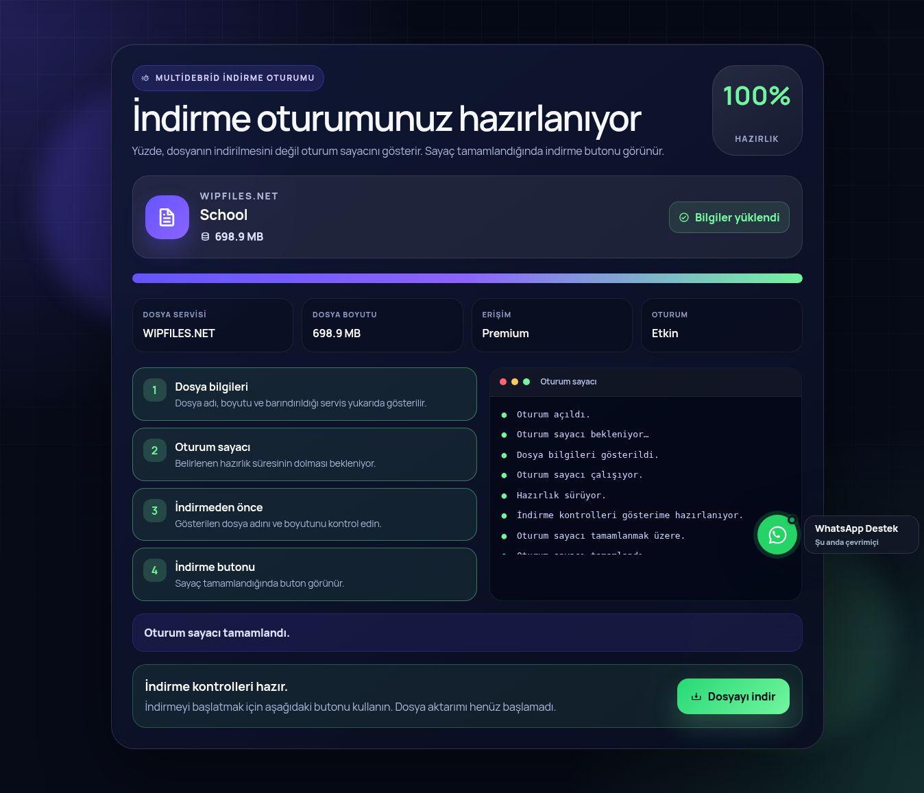 Gerçek WipFiles.net indirme oturumu ekranı. Büyütmek için aç.