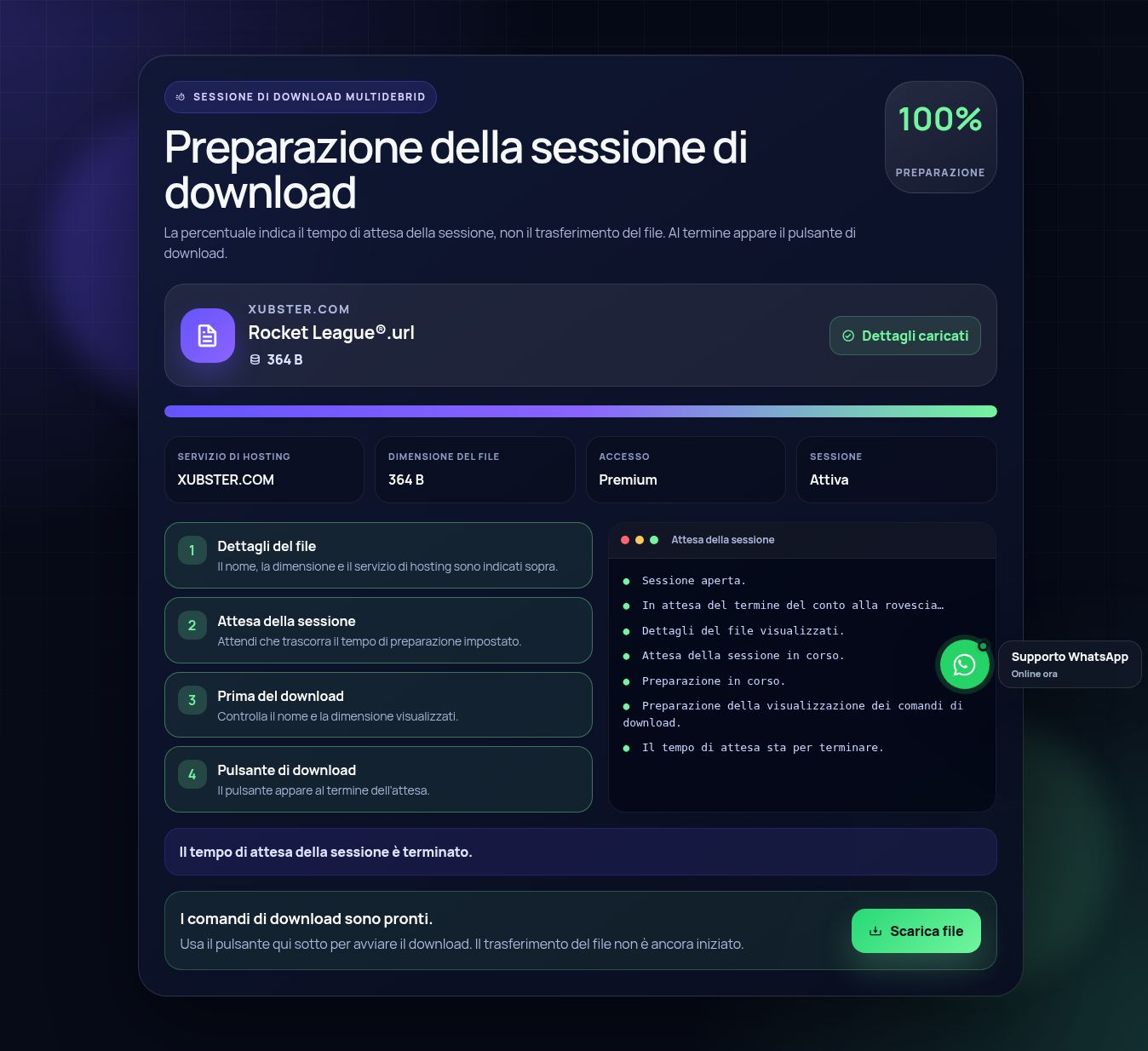 Schermata reale della sessione di download Xubster.com. Apri per ingrandire.